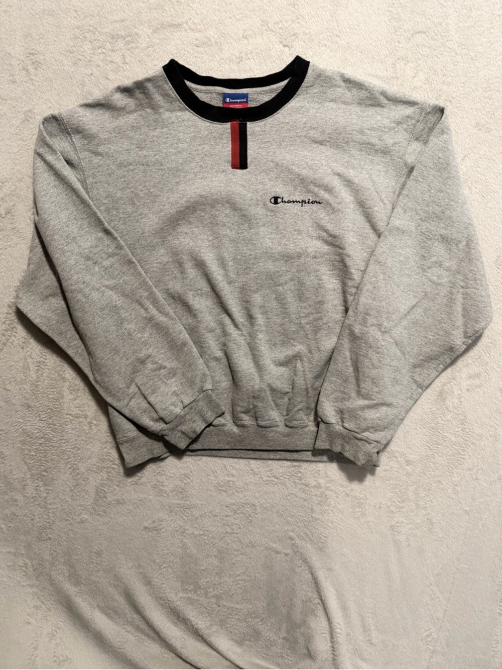 Champion Gray Crewneck Sweatshirt with Black Collar and Red Stripe